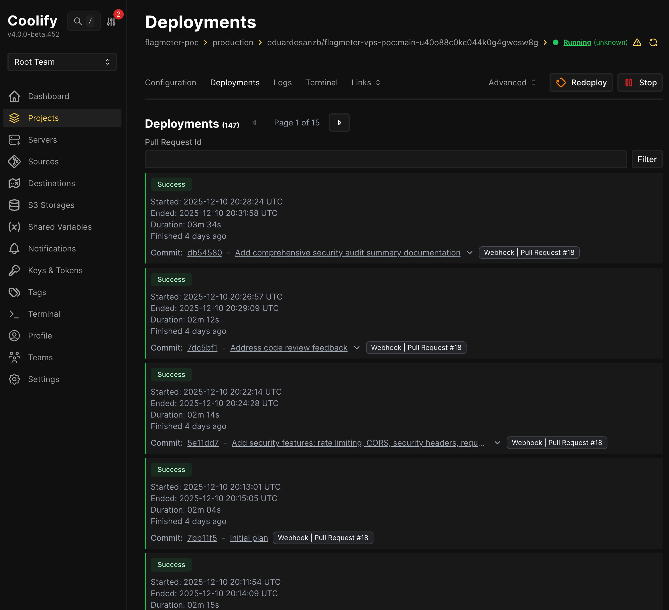 Coolify deployments showing 147 successful deploys with 2-3 minute build times