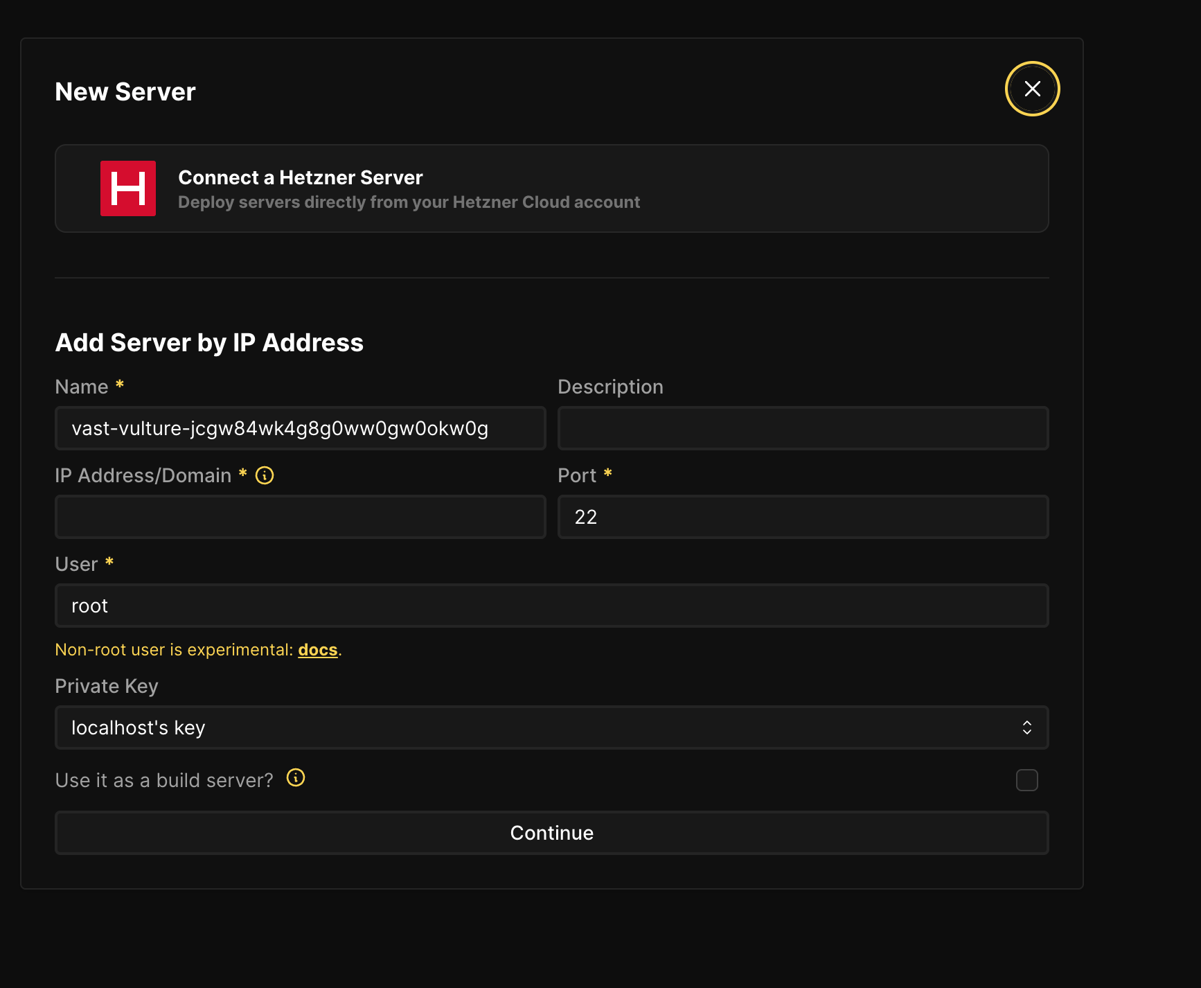 Coolify new server dialog showing Hetzner integration option