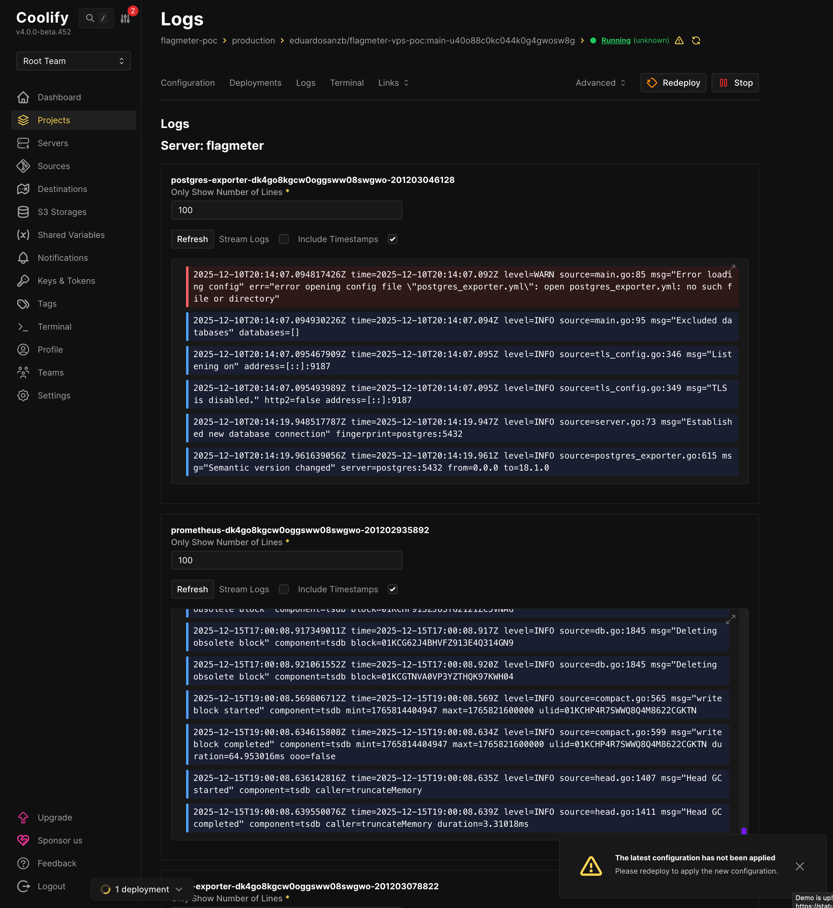 Coolify logs view showing postgres-exporter and prometheus logs