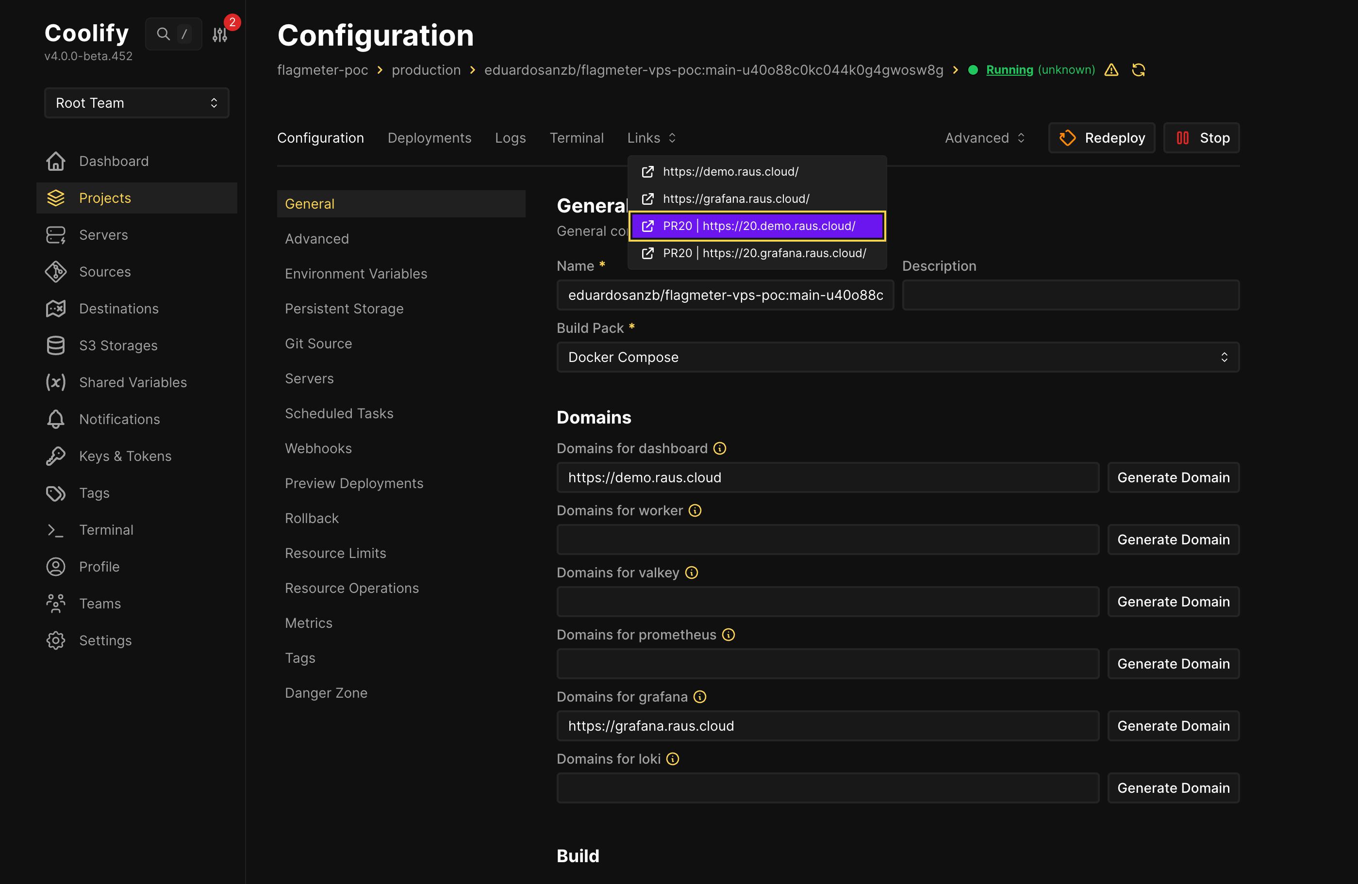 Coolify Links dropdown showing production and PR preview URLs
