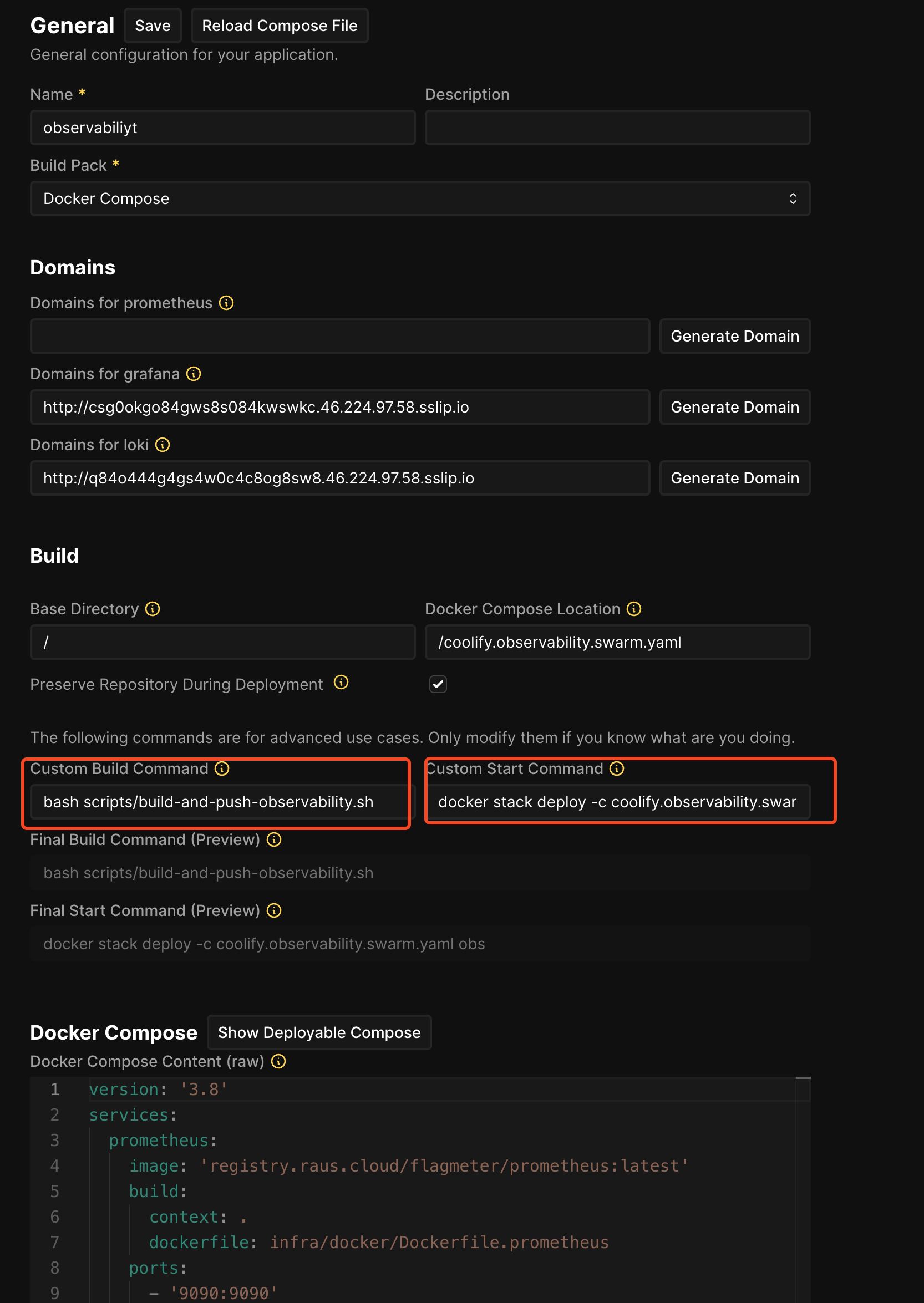 Coolify custom build and start commands for Swarm deployment